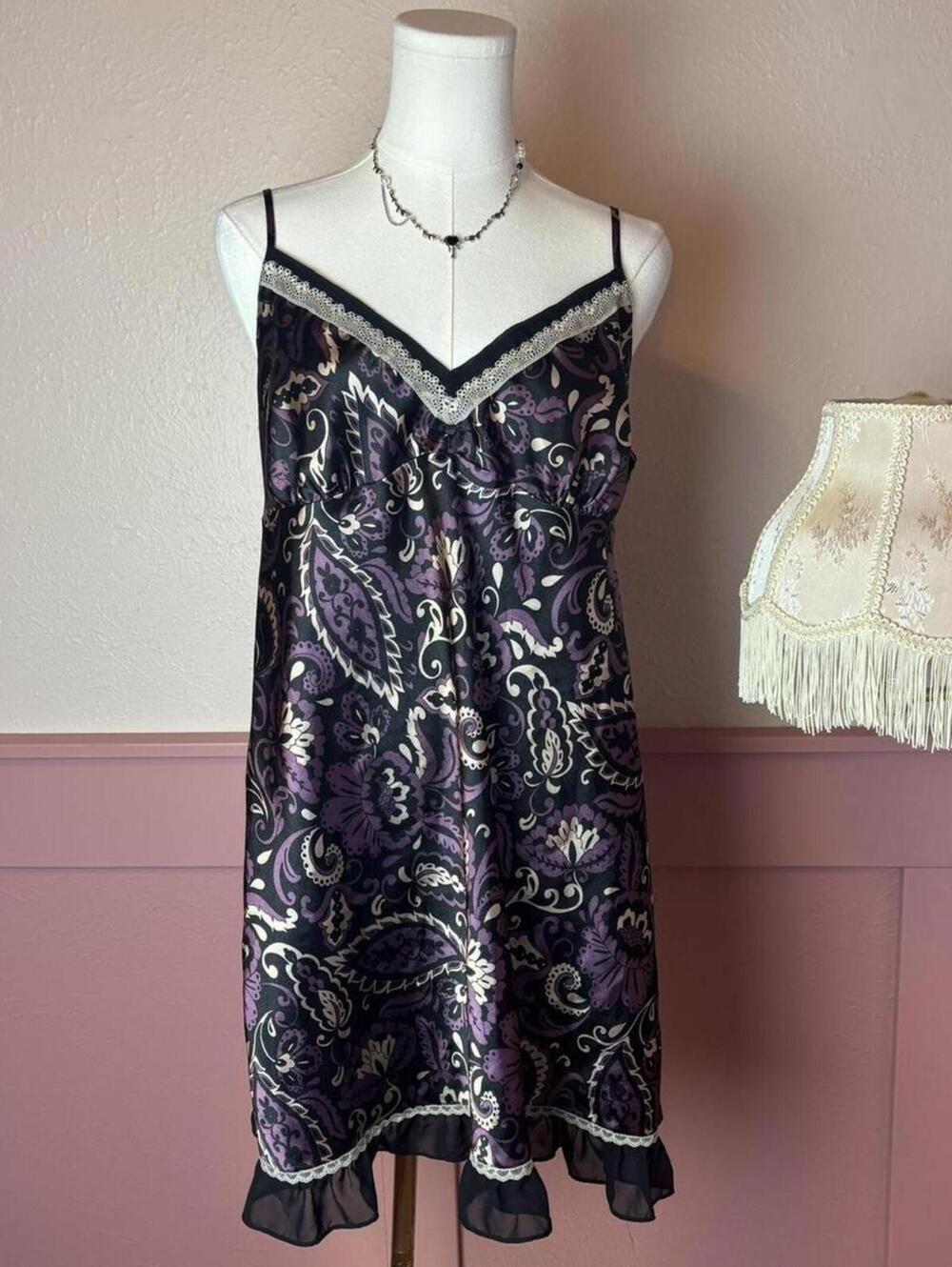 babydoll mini slip  ruffle paisley lace vintage apt 9 purple black xl romantic